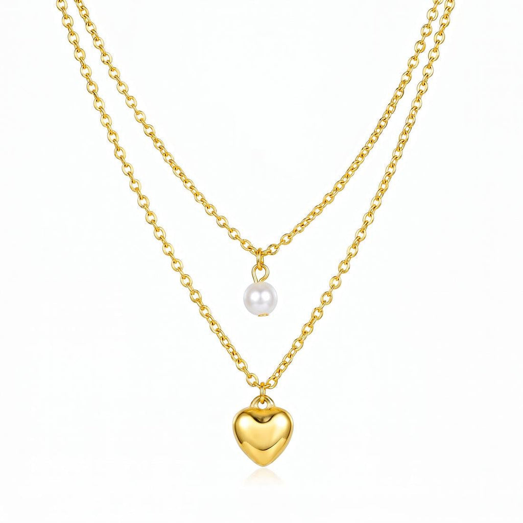Anti Tarnish Layered Heart Pearl Necklace for Women | Gold Plated Double Layer Chain Necklace