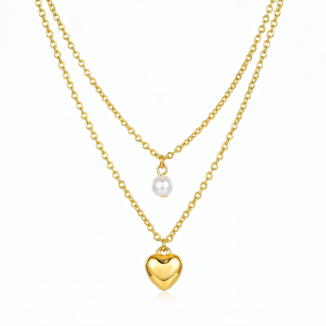 Anti Tarnish Layered Heart Pearl Necklace for Women | Gold Plated Double Layer Chain Necklace
