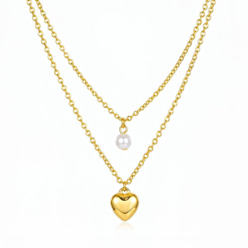 Anti Tarnish Layered Heart Pearl Necklace for Women | Gold Plated Double Layer Chain Necklace