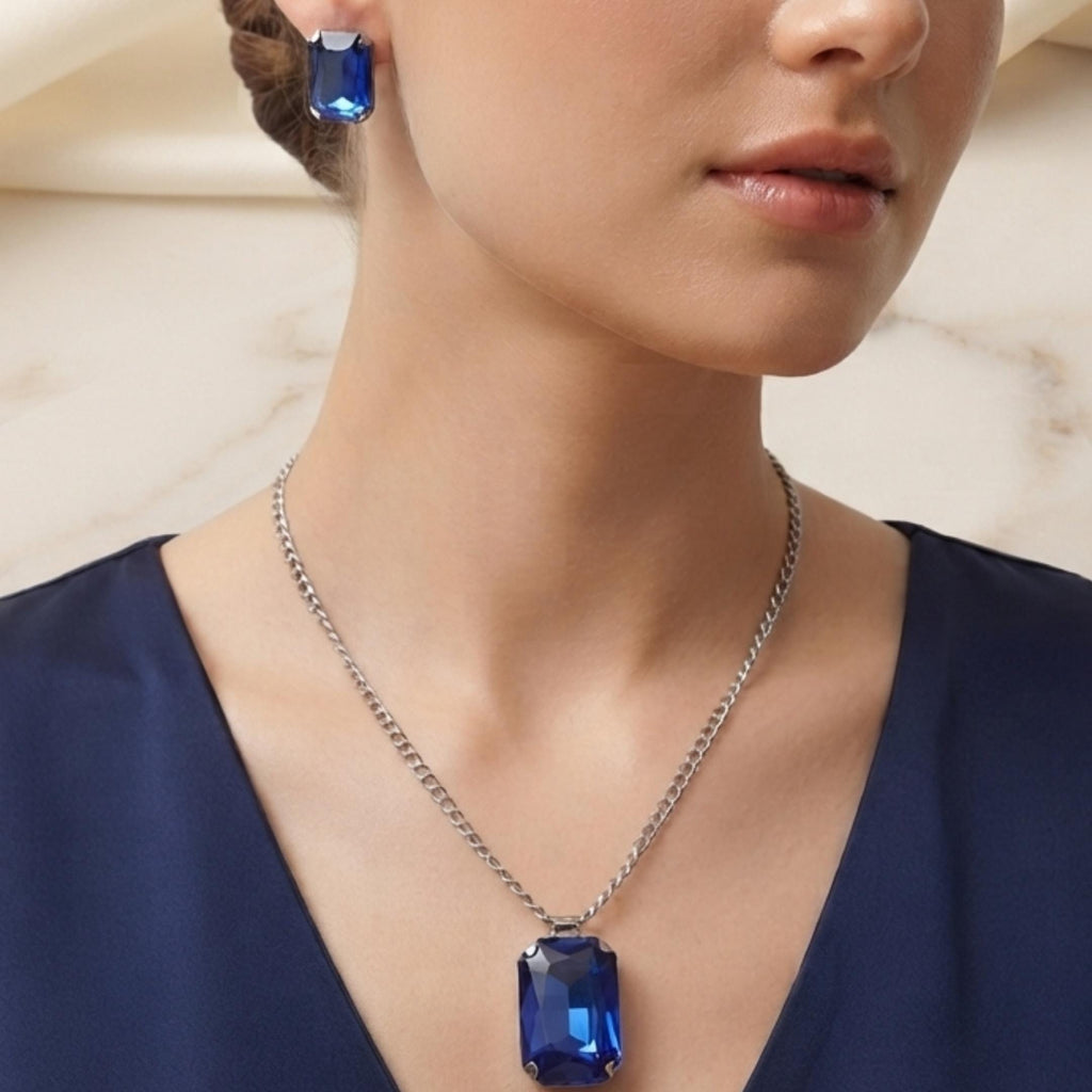 Royal Blue Sapphire  Necklace & Earrings Set for Women | Elegant Party Wear Jewelery