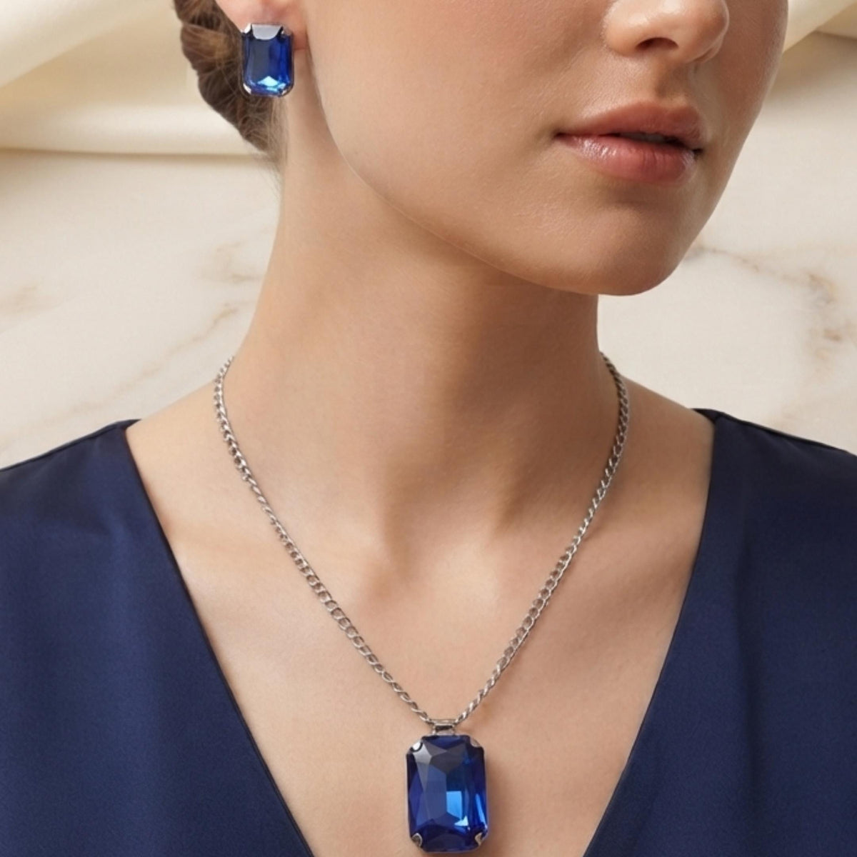 Royal Blue Sapphire  Necklace & Earrings Set for Women | Elegant Party Wear Jewelery