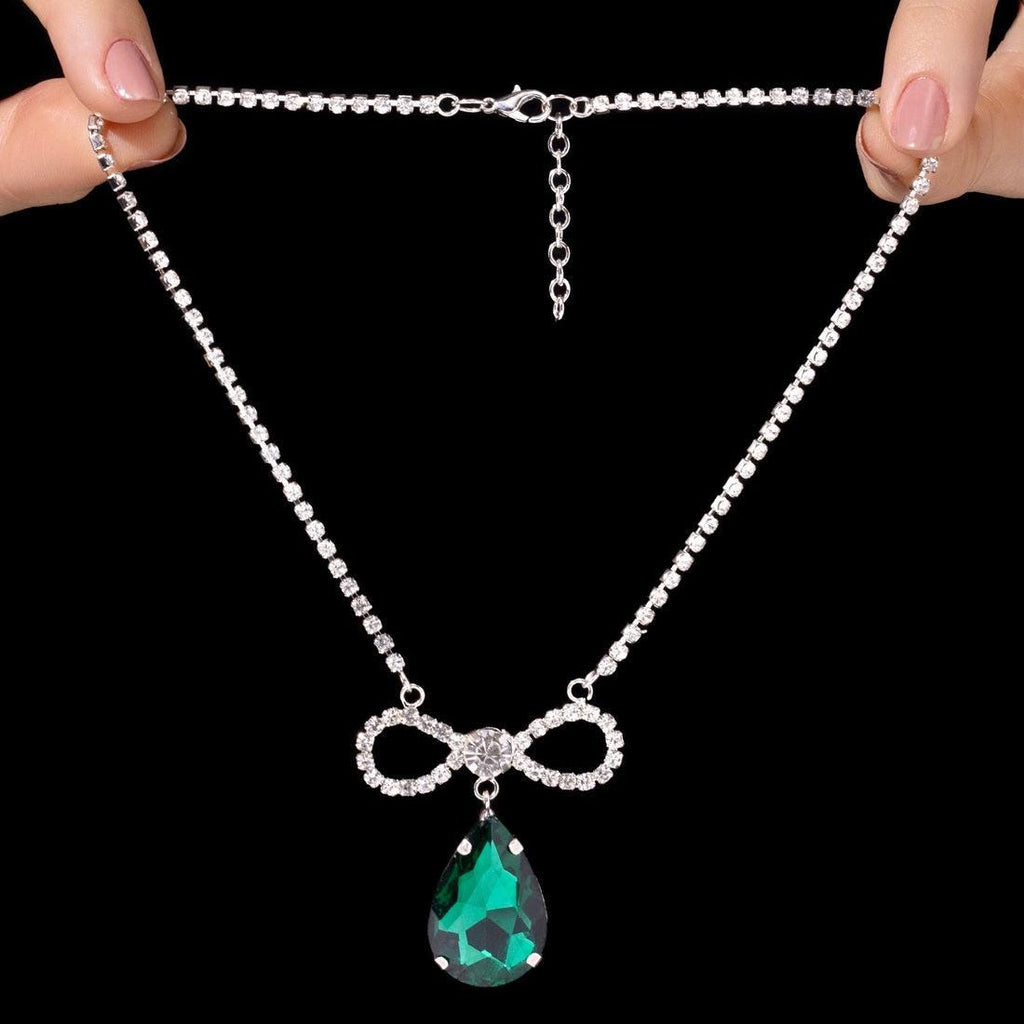 Pear Drop Bow Pendant Necklace | Anti Tarnish Silver-Tone CZ Crystal Necklace