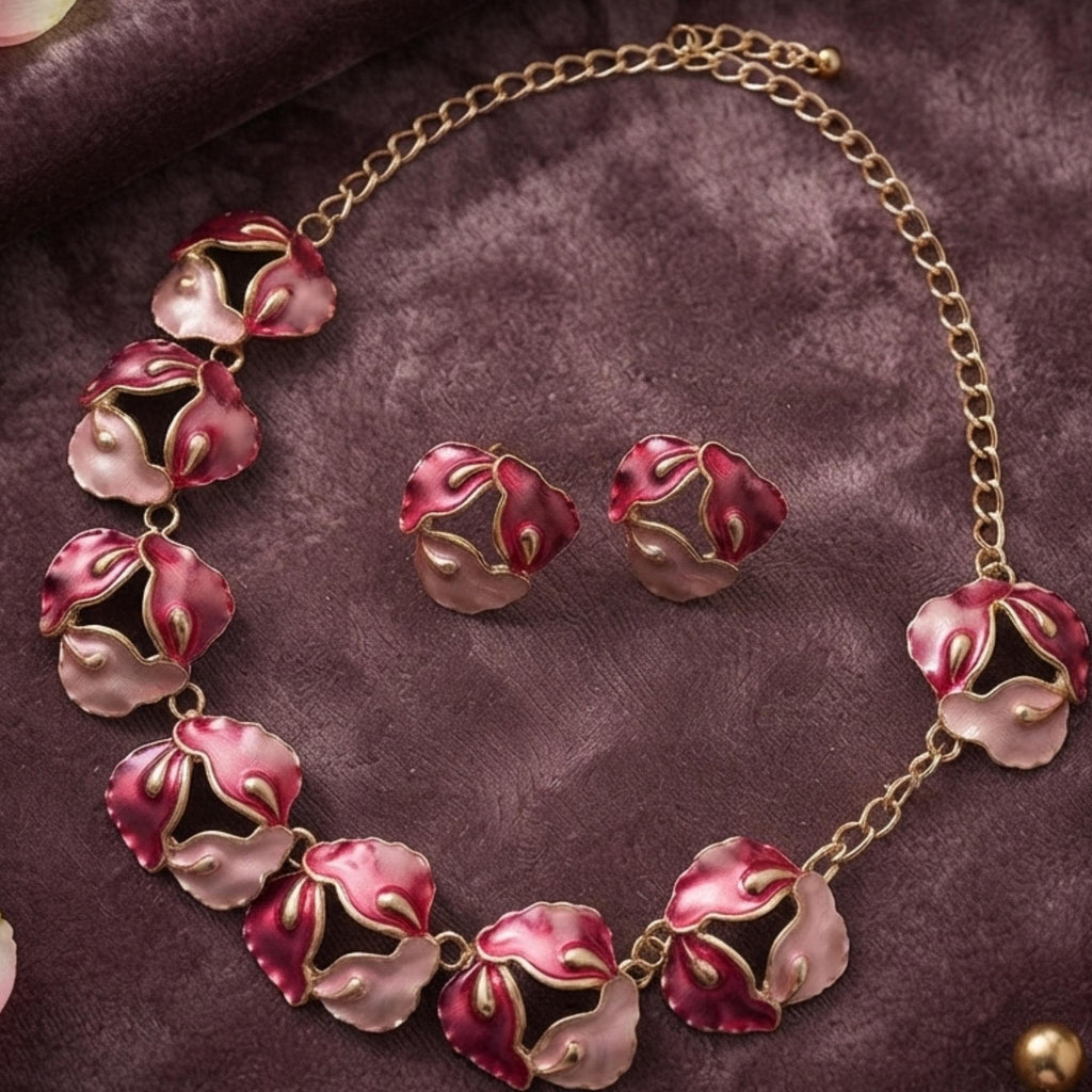 Pink Enamel Flower Necklace Earrings Set, Gold Floral Statement Jewelry