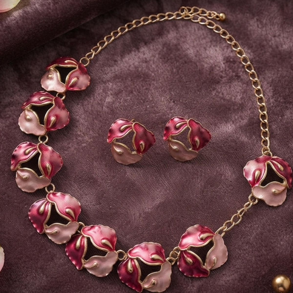 Pink Enamel Flower Necklace Earrings Set, Gold Floral Statement Jewelry