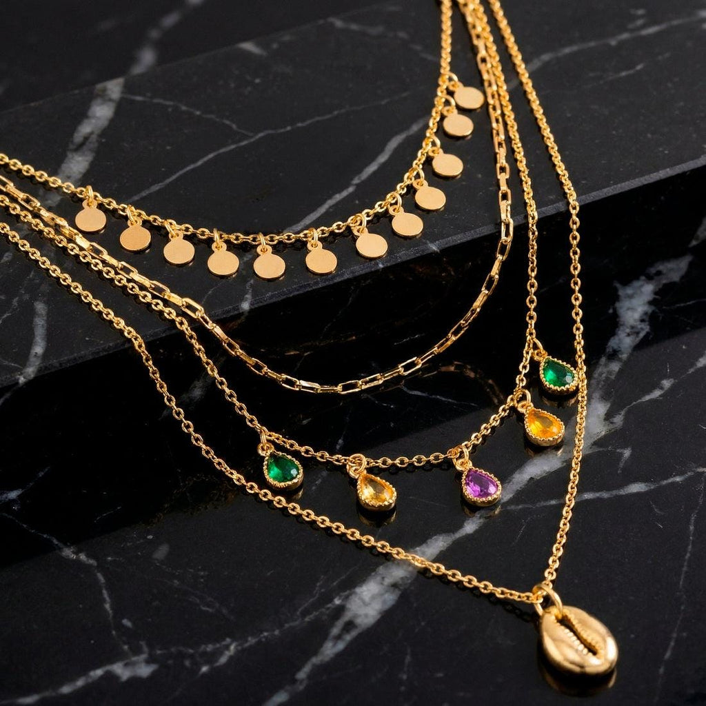 Gold Layered Necklace Stainless Steel Multicolor Crystal,Dainty Everyday Jewelry,Gift for Her