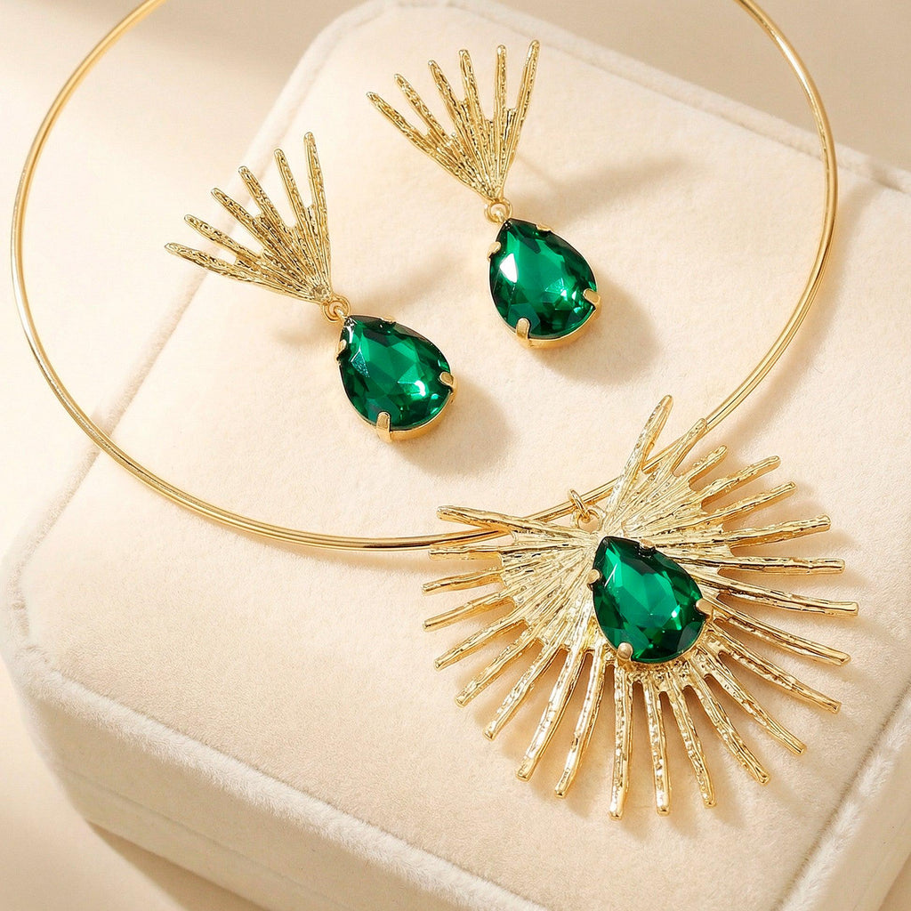 Anti-Tarnish Gold Plated Necklace and Earrings Set with Green Stones–Elegant Jewelry for Women