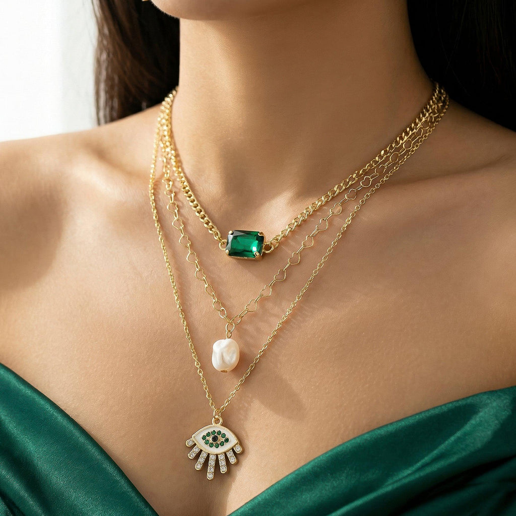 Gold Plated Layered Necklace Set with Earrings for women