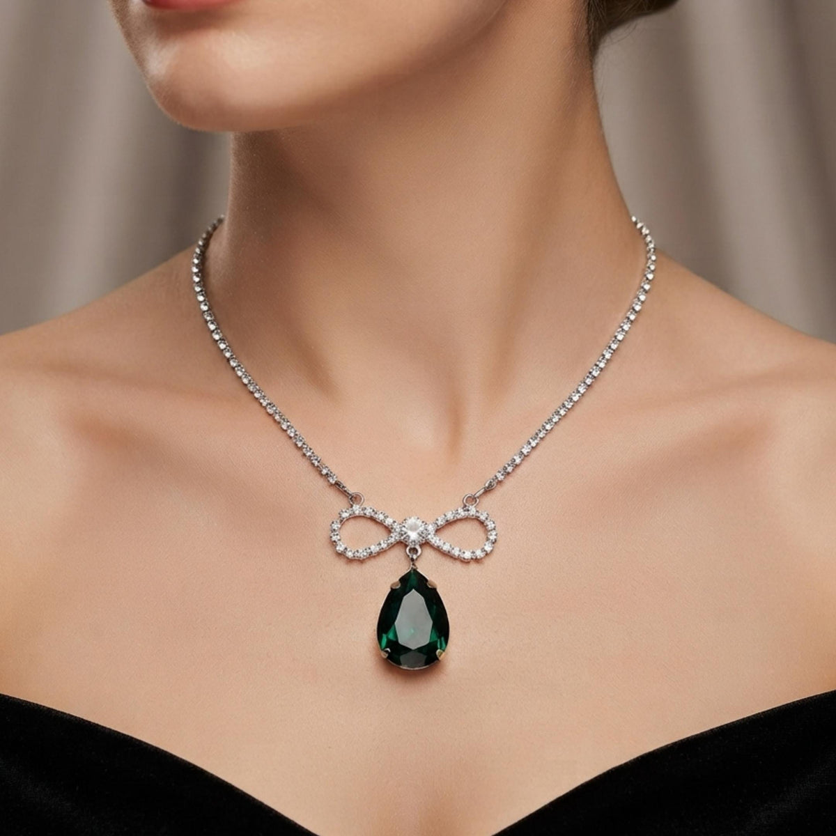 Pear Drop Bow Pendant Necklace | Anti Tarnish Silver-Tone CZ Crystal Necklace