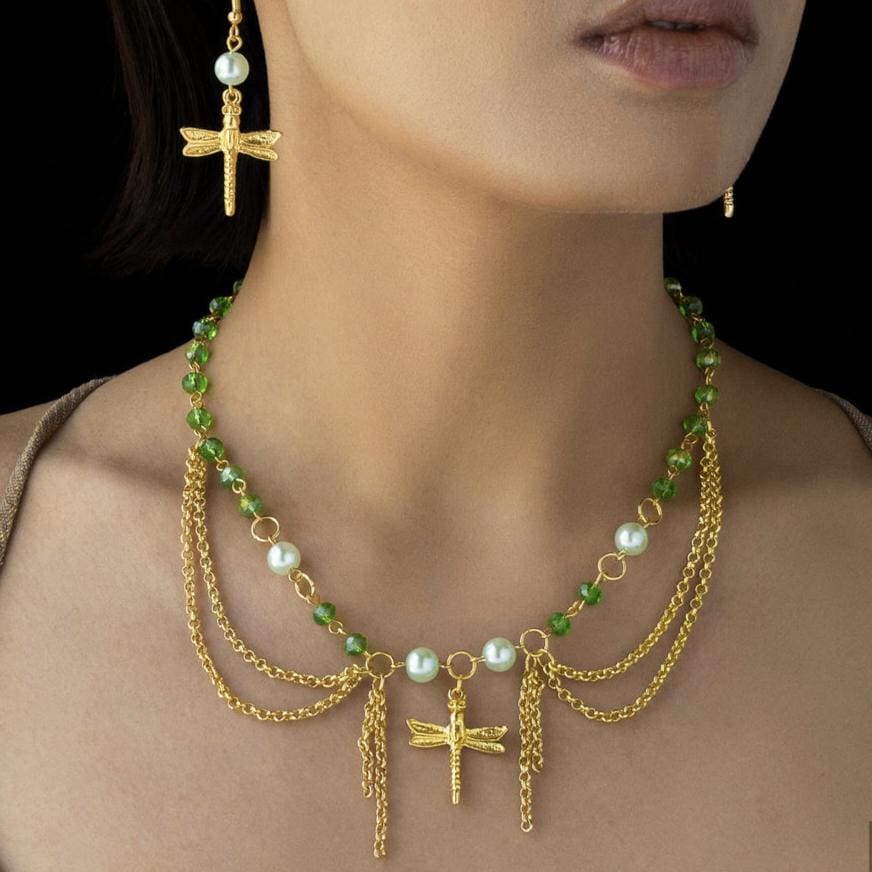 Dragonfly Chain Necklace Set for women|Layered Green Pearl Jewelry