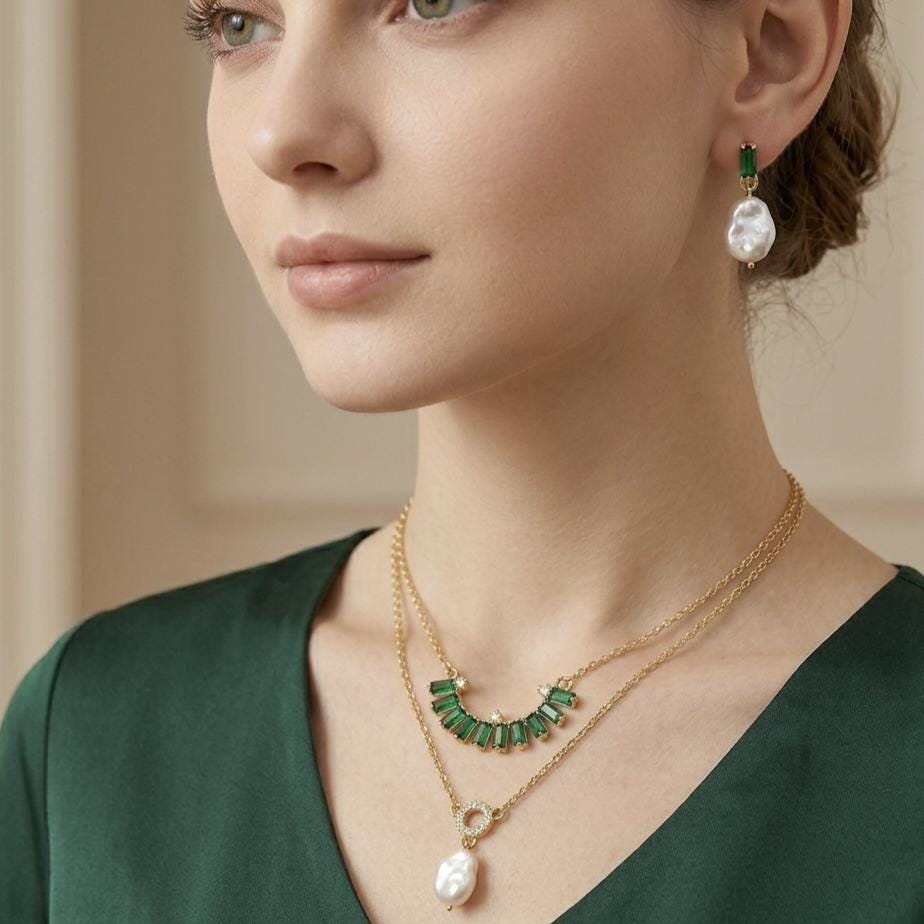 Layered Green Crystal Necklace Set with Baroque Pearl Earrings | Gold Plated Anti-Tarnish Jewelry