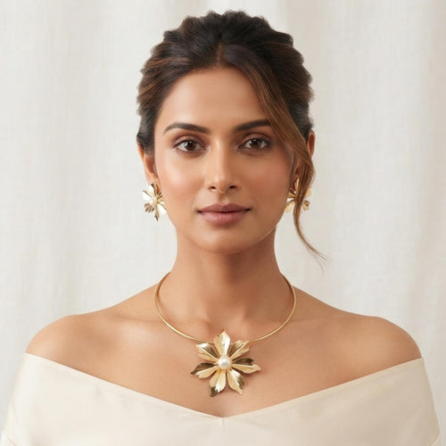 Anti-Tarnish Golden flower Necklace and Earrings Set for Women|Gift for her