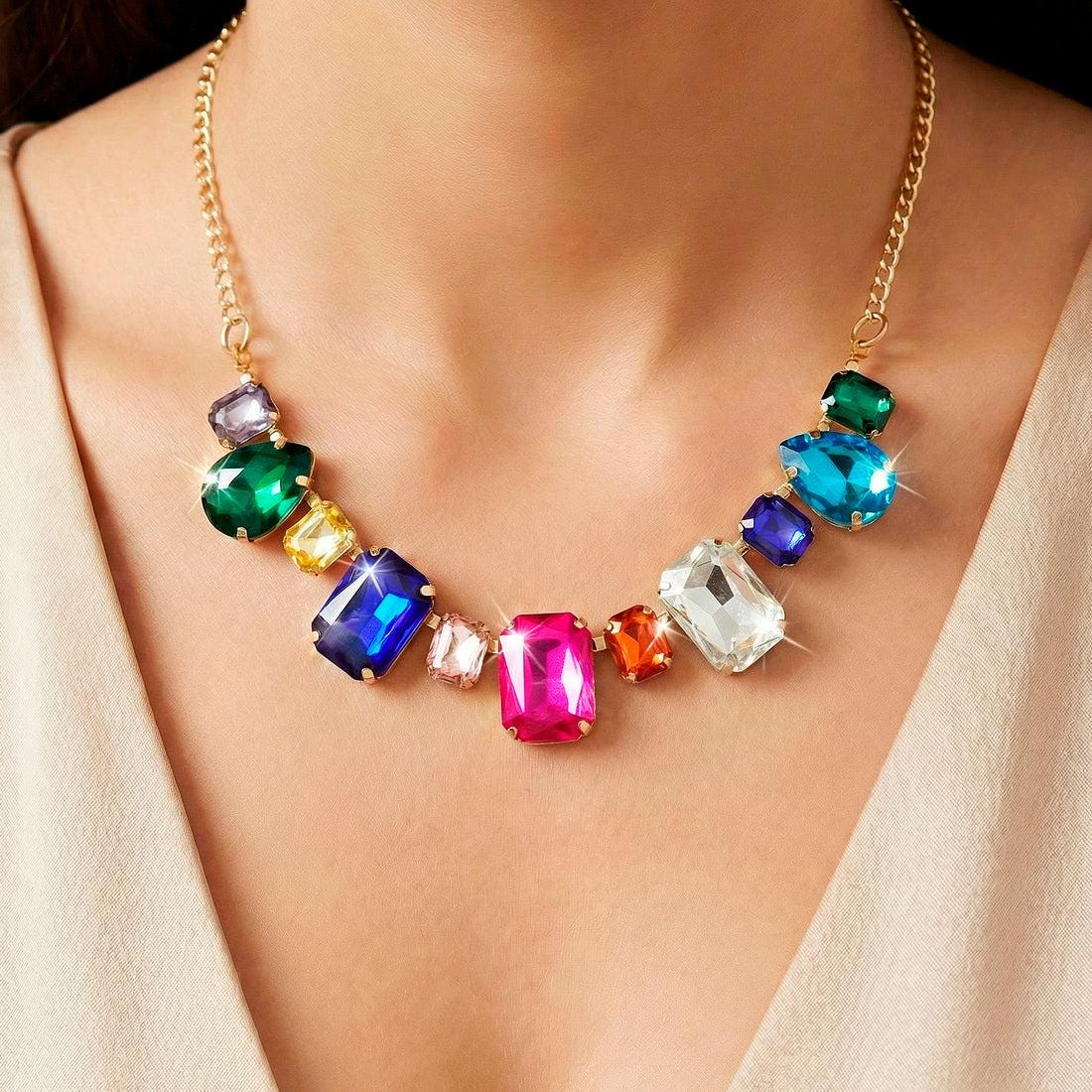 Multicolor Crystal Necklace and Earrings Set, Rainbow Gemstone Jewelry, Anti-Tarnish Gold Tone