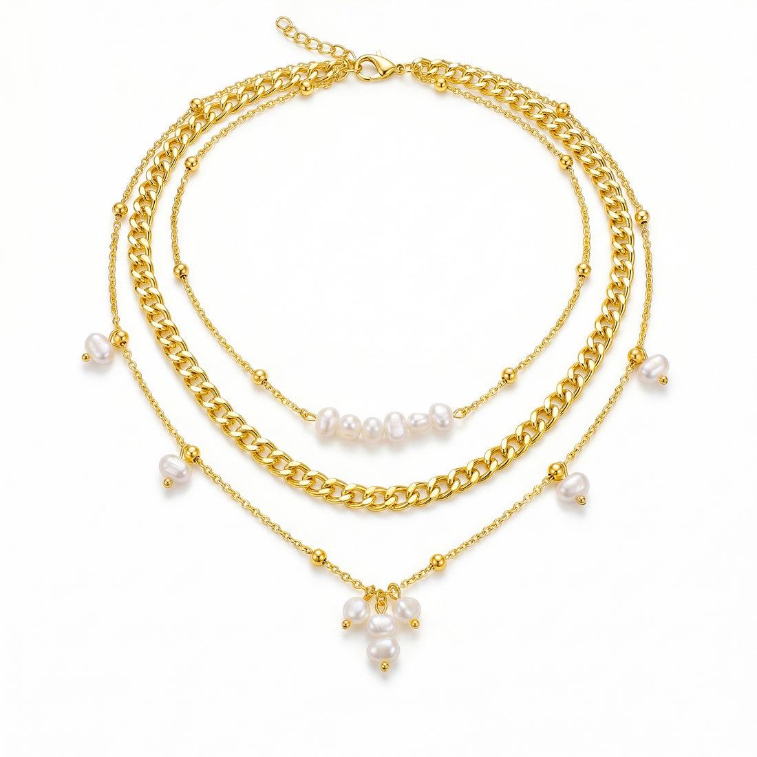 Layered Pearl Chain Necklace | Gold Plated Korean Style Statement Jewellery
