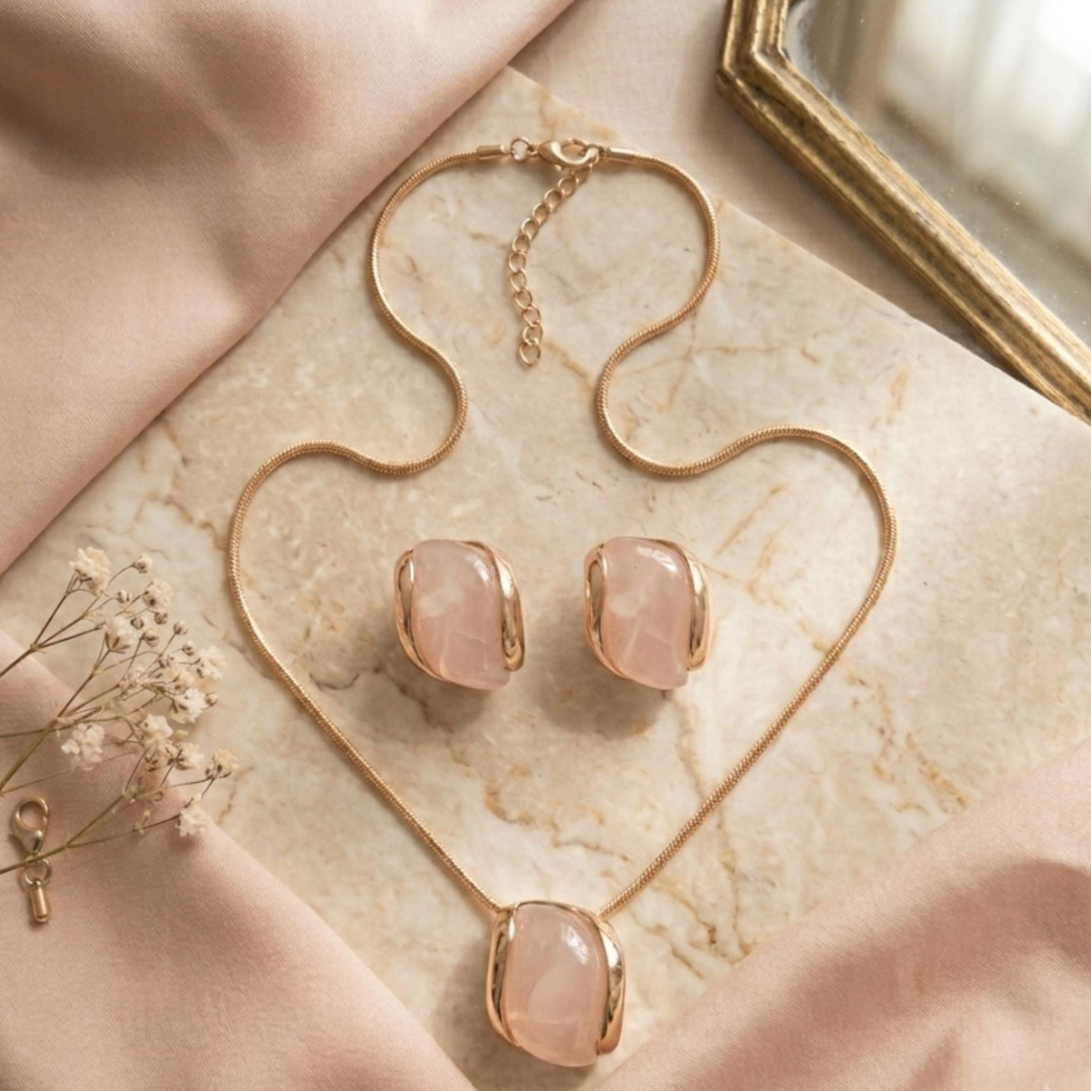 Gold Plated Pink Stone Necklace and Earrings Set | Minimalist Jewelry for Women