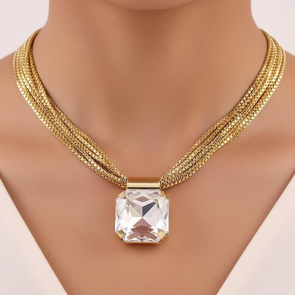 Gold Tone Multi Layered Necklace,Square CZ Pendant, Anti Tarnish Jewellery for women