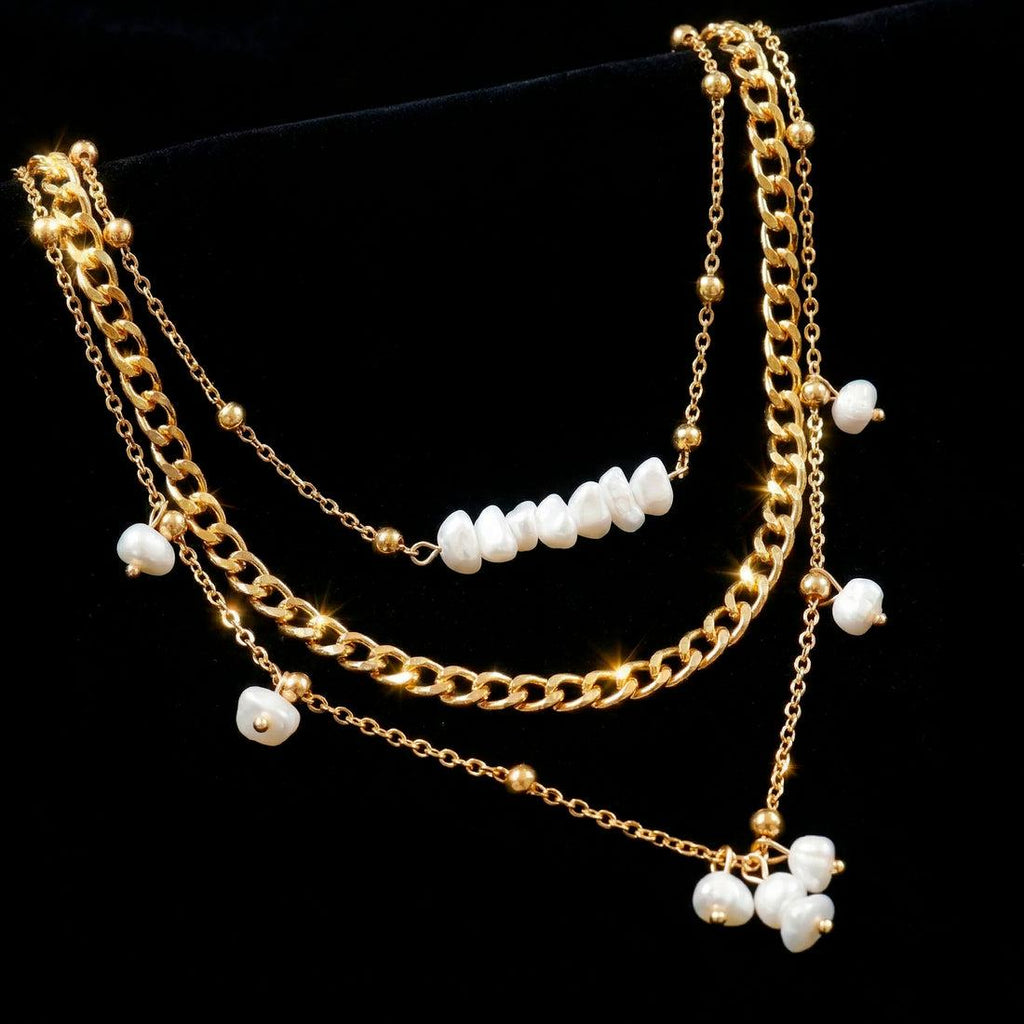 Layered Pearl Chain Necklace | Gold Plated Korean Style Statement Jewellery