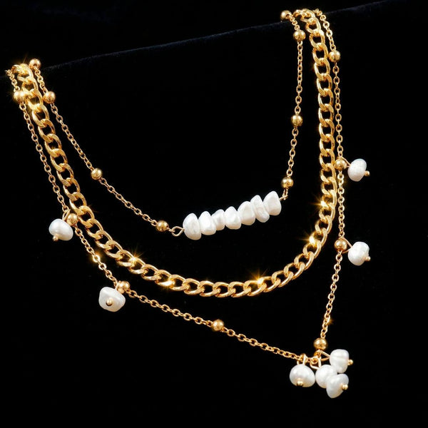 Layered Pearl Chain Necklace | Gold Plated Korean Style Statement Jewellery