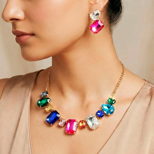 Multicolor Crystal Necklace and Earrings Set, Rainbow Gemstone Jewelry, Anti-Tarnish Gold Tone