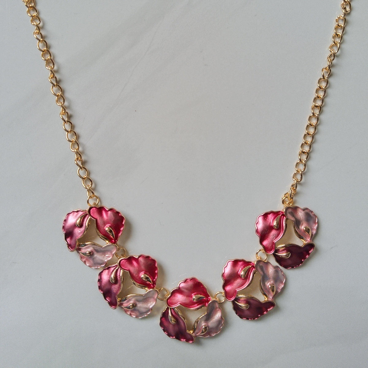 Pink Enamel Flower Necklace Earrings Set, Gold Floral Statement Jewelry