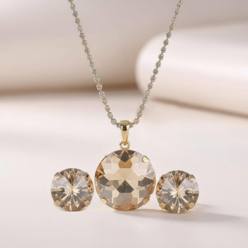 Gold Plated Brown Pendant Necklace with Earrings| Anti-Tarnish, Skin-Safe Chain