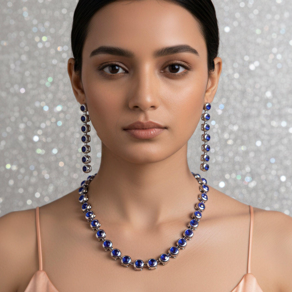 Blue Diamond Tennis Necklace and Earrings Set for women Silver-Tone Bridal Jewelry