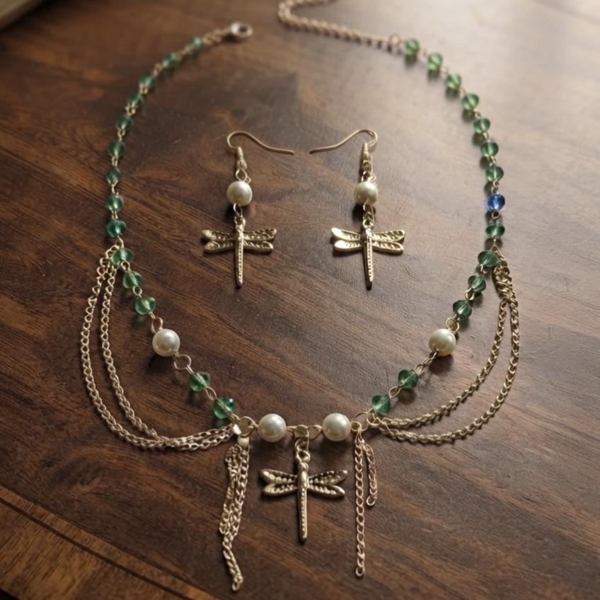 Dragonfly Chain Necklace Set for women|Layered Green Pearl Jewelry