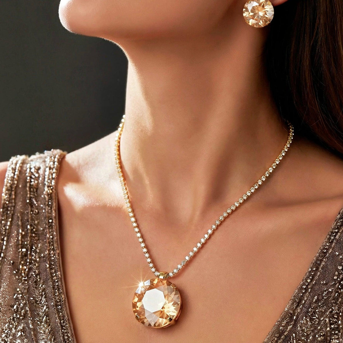 Gold Plated Brown Pendant Necklace with Earrings| Anti-Tarnish, Skin-Safe Chain