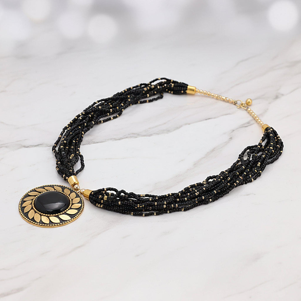 Black Beaded Layered Pendant Necklace for Women,Gift for her