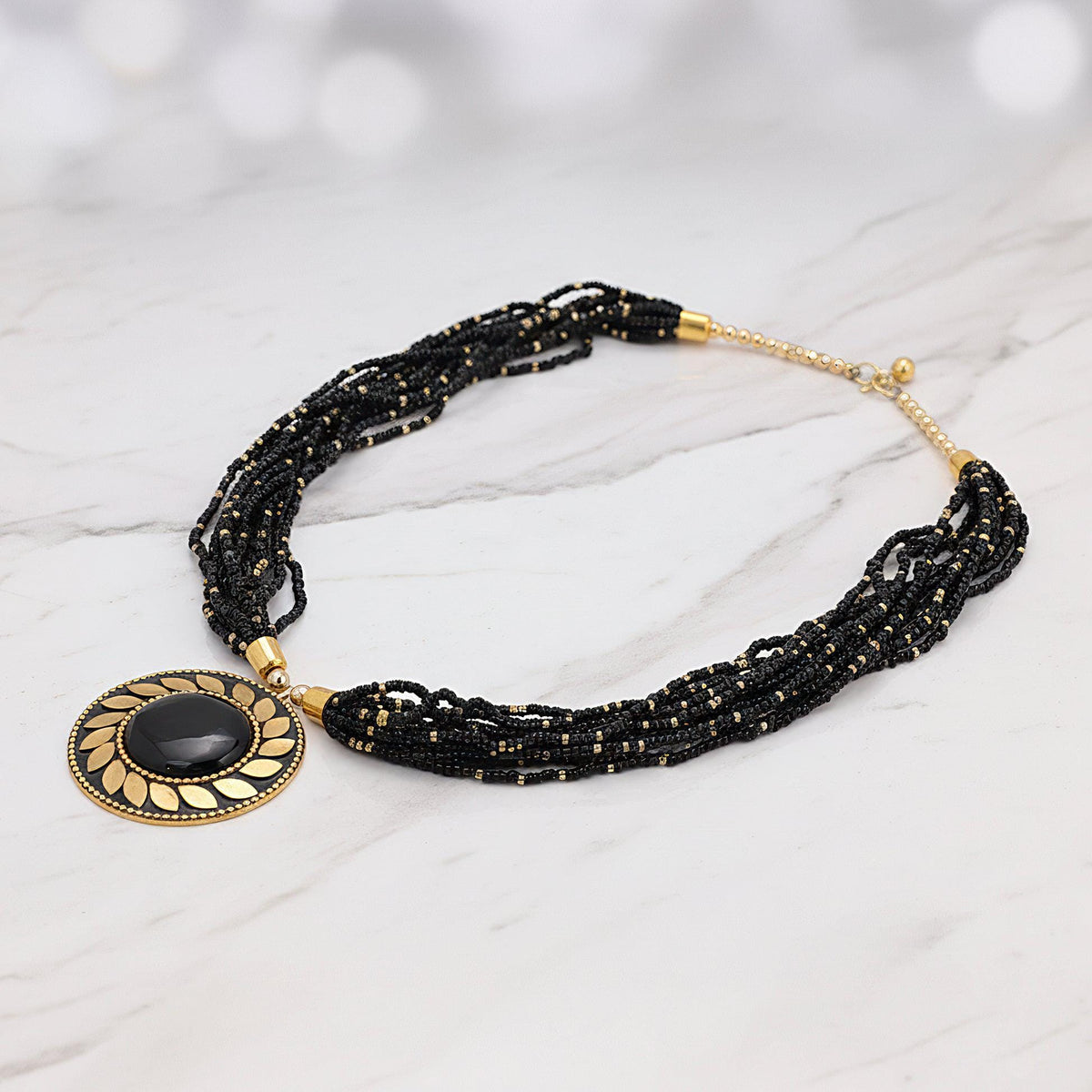Black Beaded Layered Pendant Necklace for Women,Gift for her