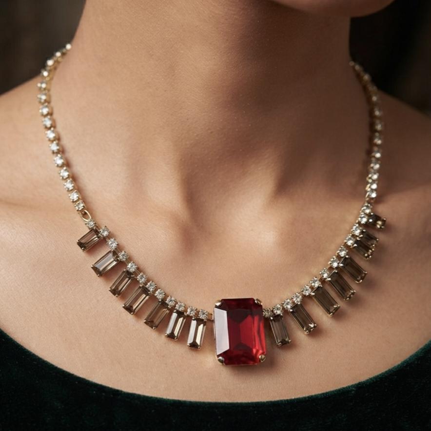Anti Tarnish Ruby Red Statement Necklace Earrings Set For women