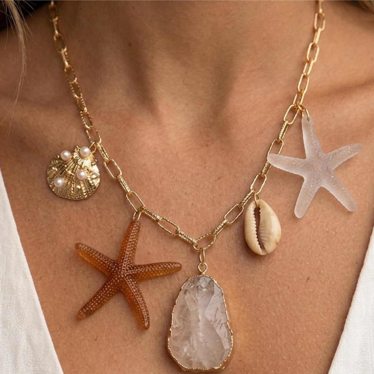 Beach Charm Necklace for Women|Gold Starfish Pendant Necklace
