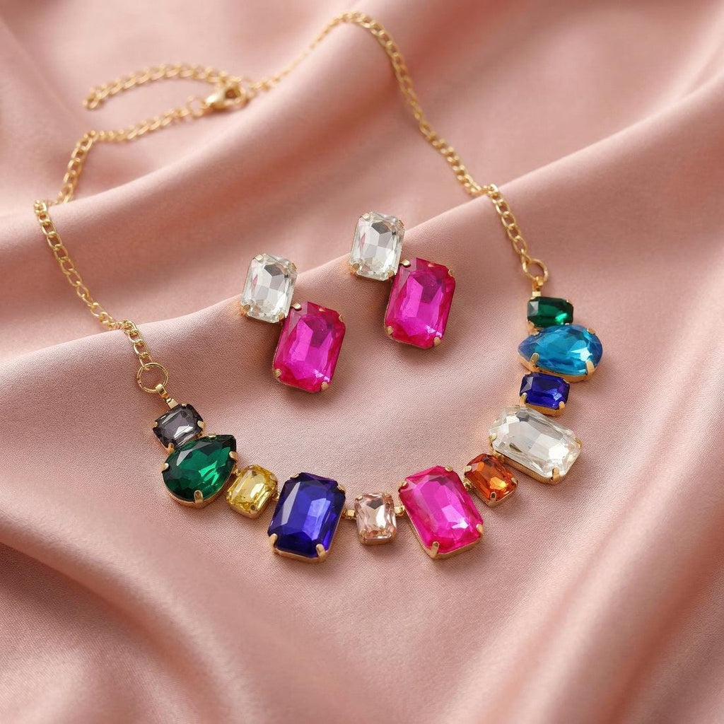 Multicolor Crystal Necklace and Earrings Set, Rainbow Gemstone Jewelry, Anti-Tarnish Gold Tone