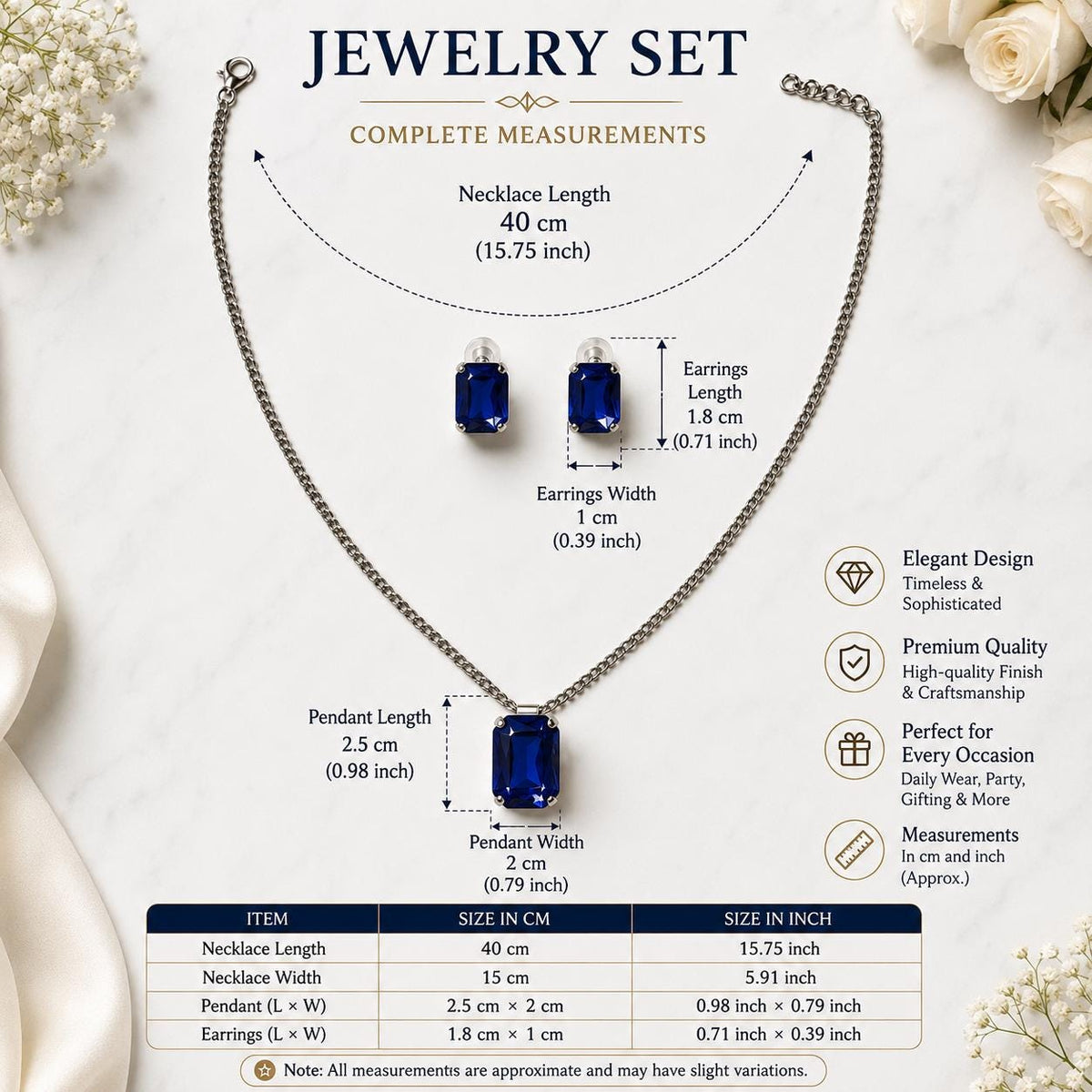 Royal Blue Sapphire  Necklace & Earrings Set for Women | Elegant Party Wear Jewelery