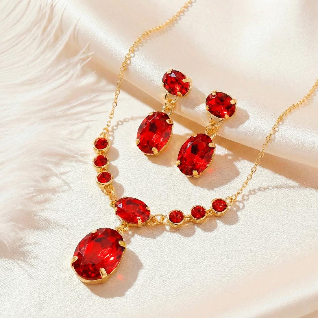 Ruby Red Crystal Pendant Necklaceand Earring Set | Gold Plated jewellery for Women