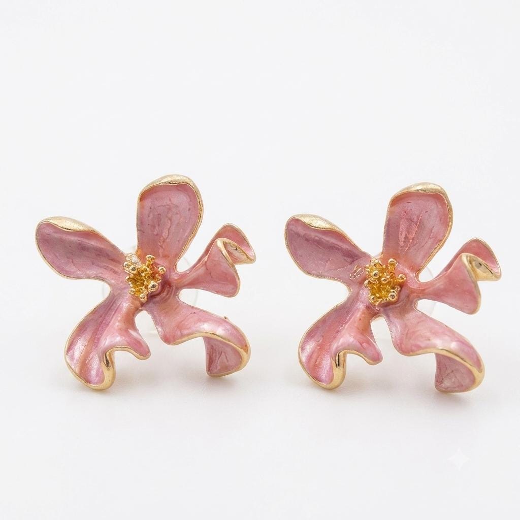 Pink Enamel Flower Stud Earrings, Gold Plated, Anti-Tarnish Jewelry