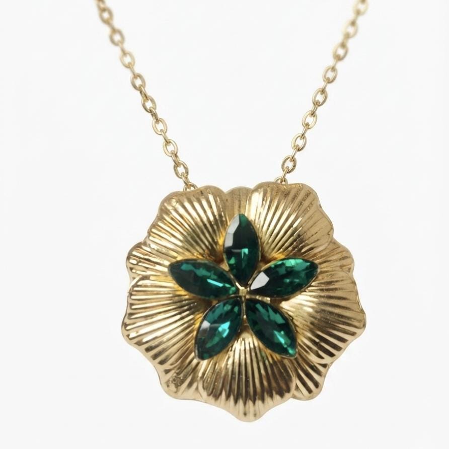 Gold Flower Necklace and Ring Set, Green Crystal Floral Jewelry, Statement Gift