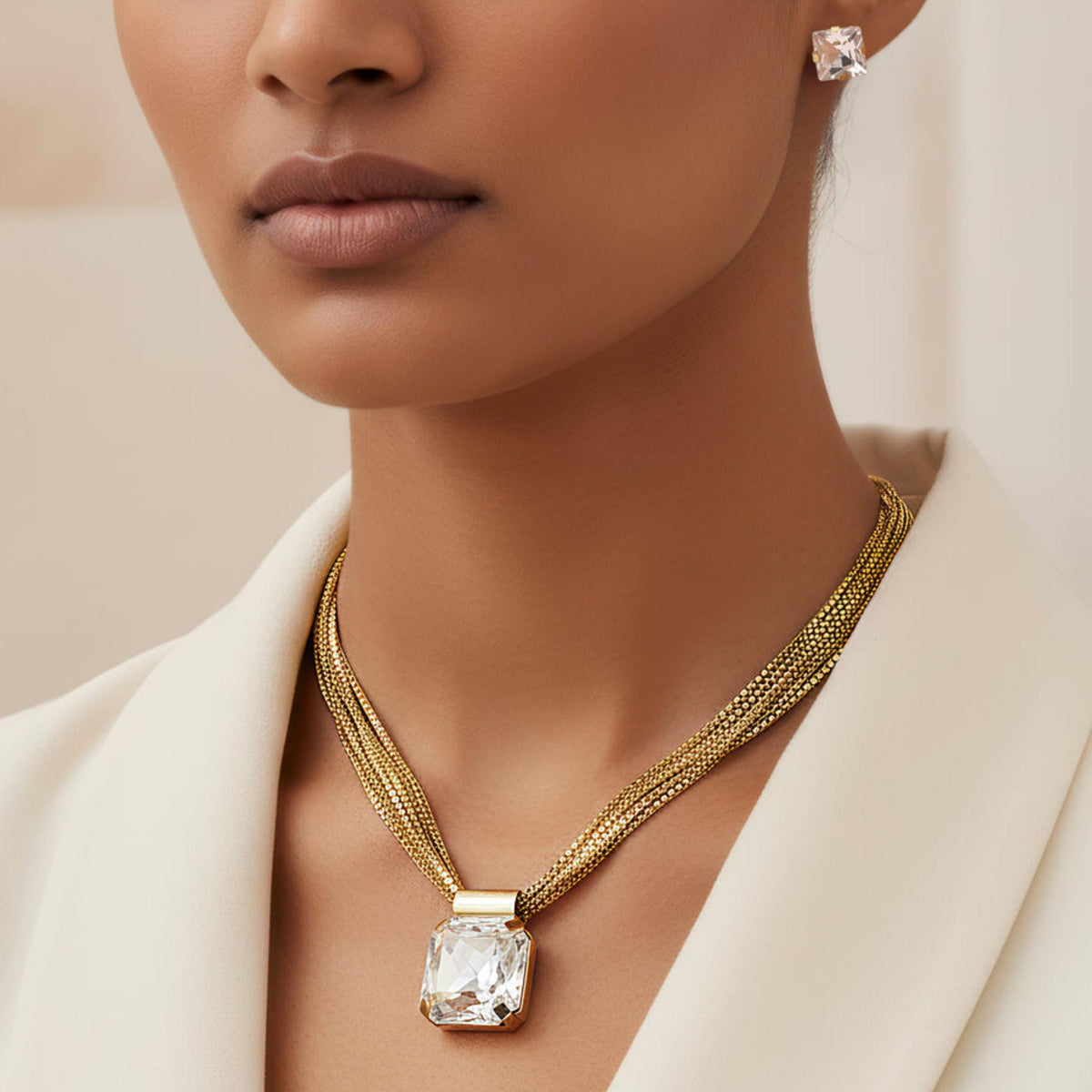 Gold Tone Multi Layered Necklace,Square CZ Pendant, Anti Tarnish Jewellery for women