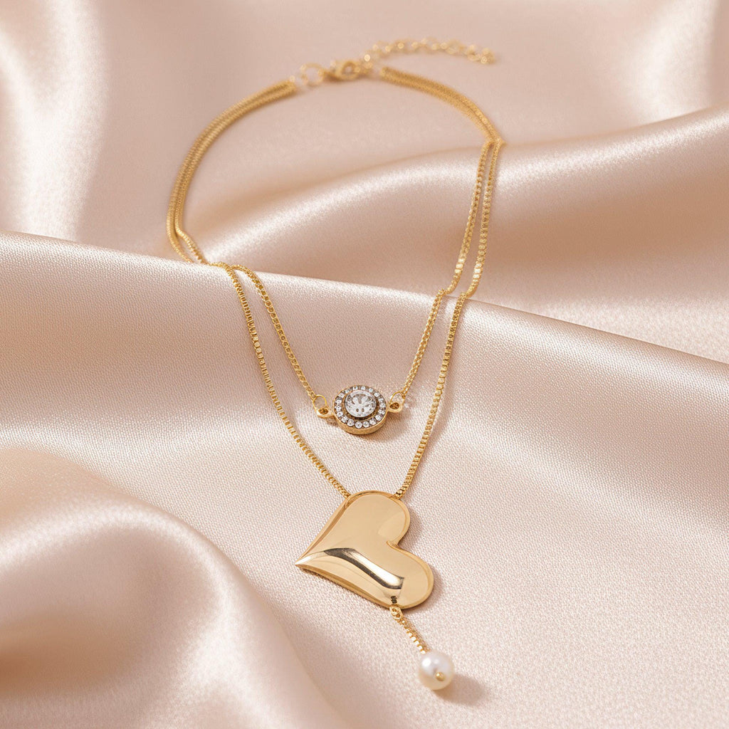 Anti tarnishne Heart Pendant Necklace with Pearl Drop| Minimalist Layered jewellery for women