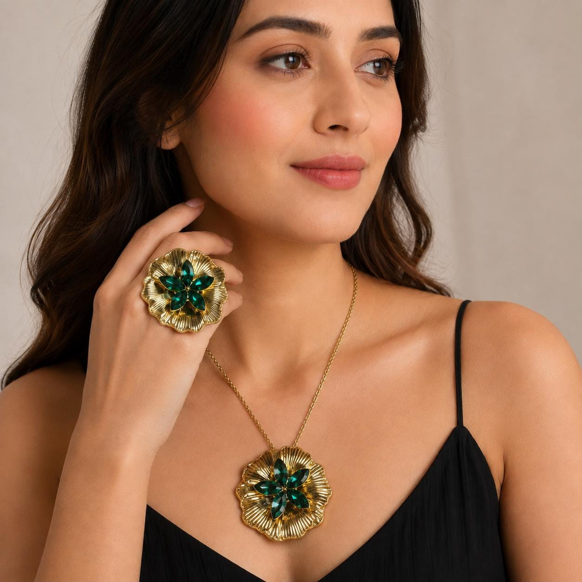 Gold Flower Necklace and Ring Set, Green Crystal Floral Jewelry, Statement Gift