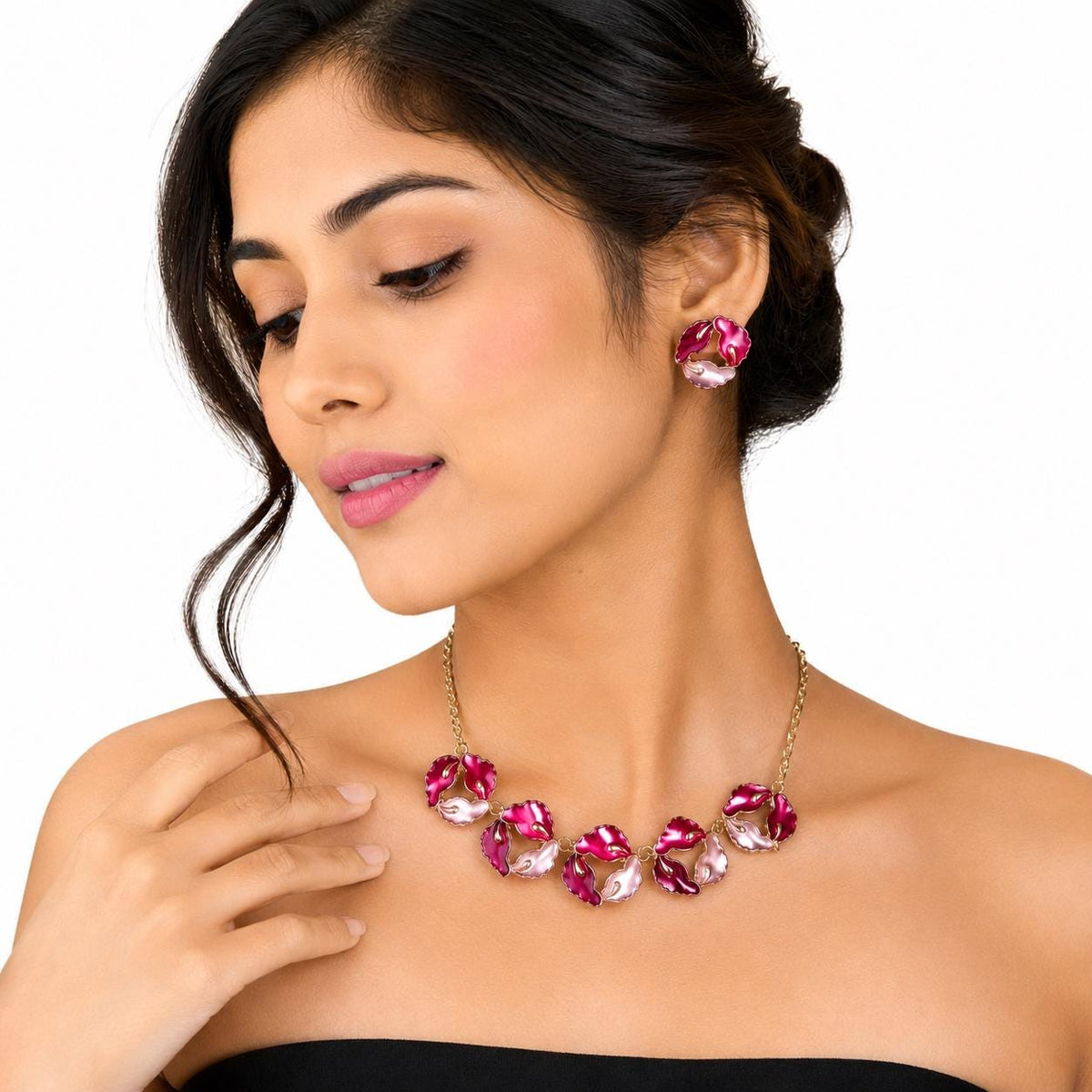 Pink Enamel Flower Necklace Earrings Set, Gold Floral Statement Jewelry