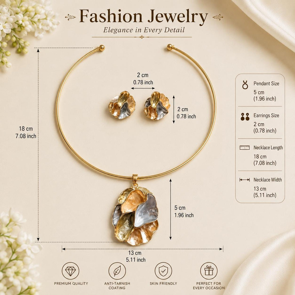 Gold Tone Floral Pendant Necklace and Earrings Set, Anti-Tarnish Fashion Jewelry for women