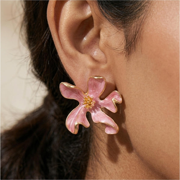 Pink Enamel Flower Stud Earrings, Gold Plated, Anti-Tarnish Jewelry