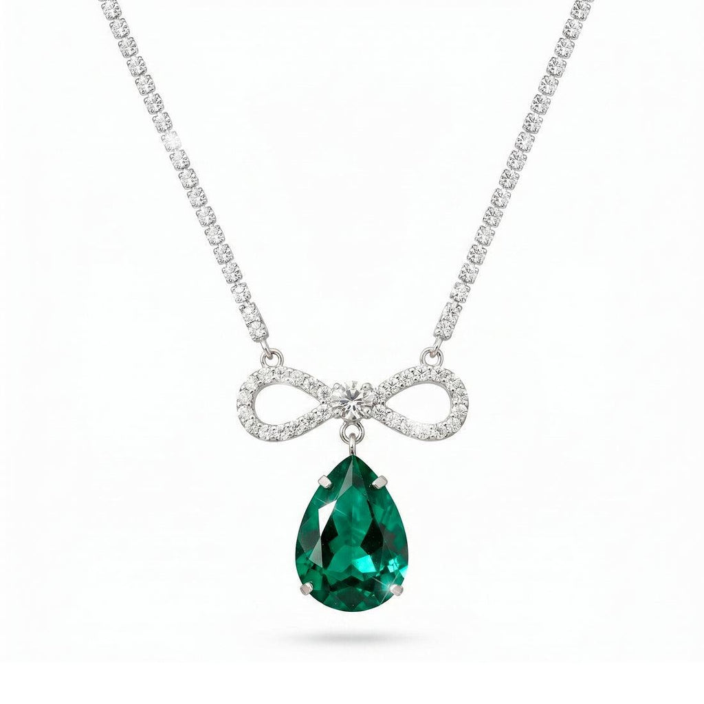 Pear Drop Bow Pendant Necklace | Anti Tarnish Silver-Tone CZ Crystal Necklace