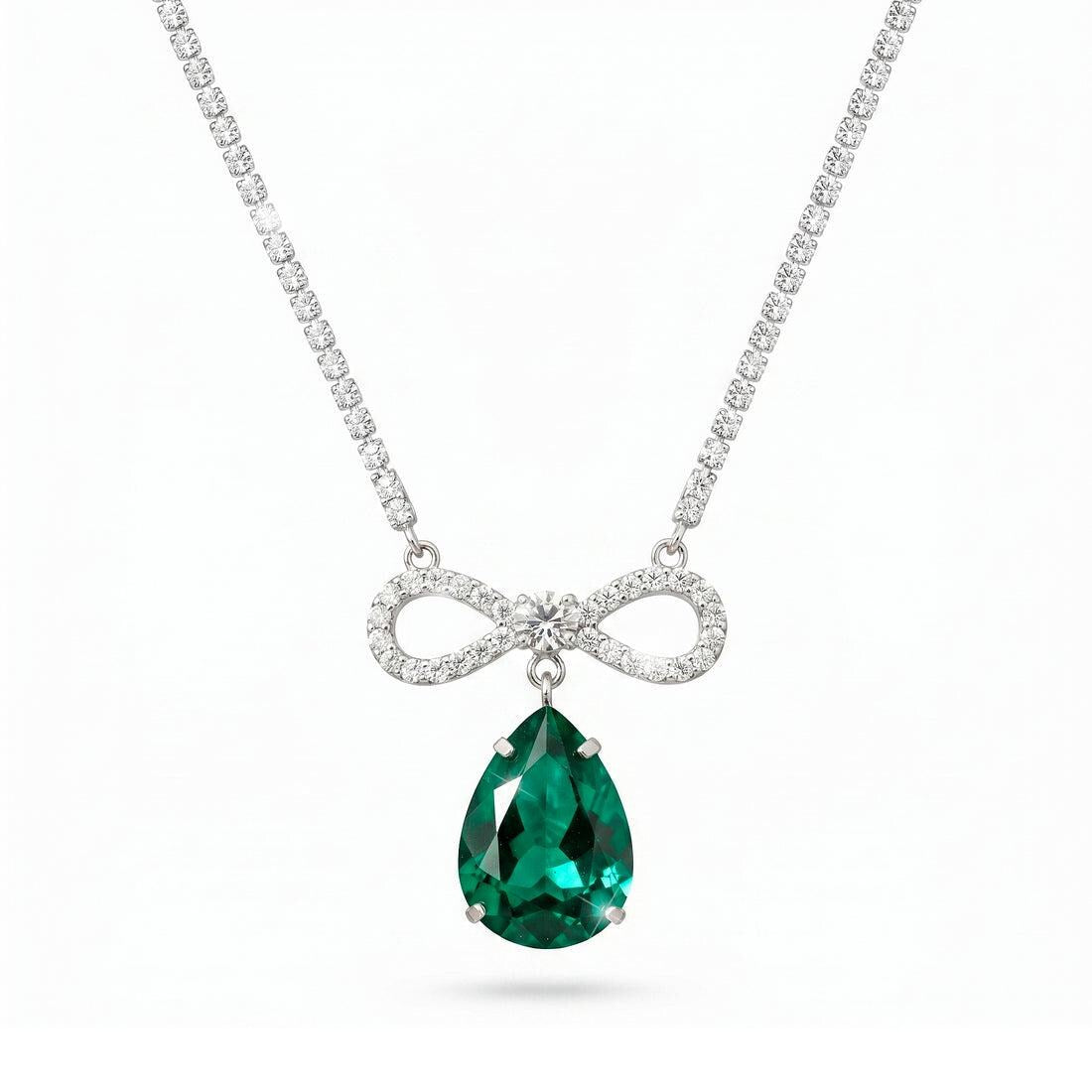 Pear Drop Bow Pendant Necklace | Anti Tarnish Silver-Tone CZ Crystal Necklace