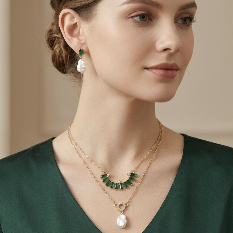 Layered Green Crystal Necklace Set with Baroque Pearl Earrings | Gold Plated Anti-Tarnish Jewelry