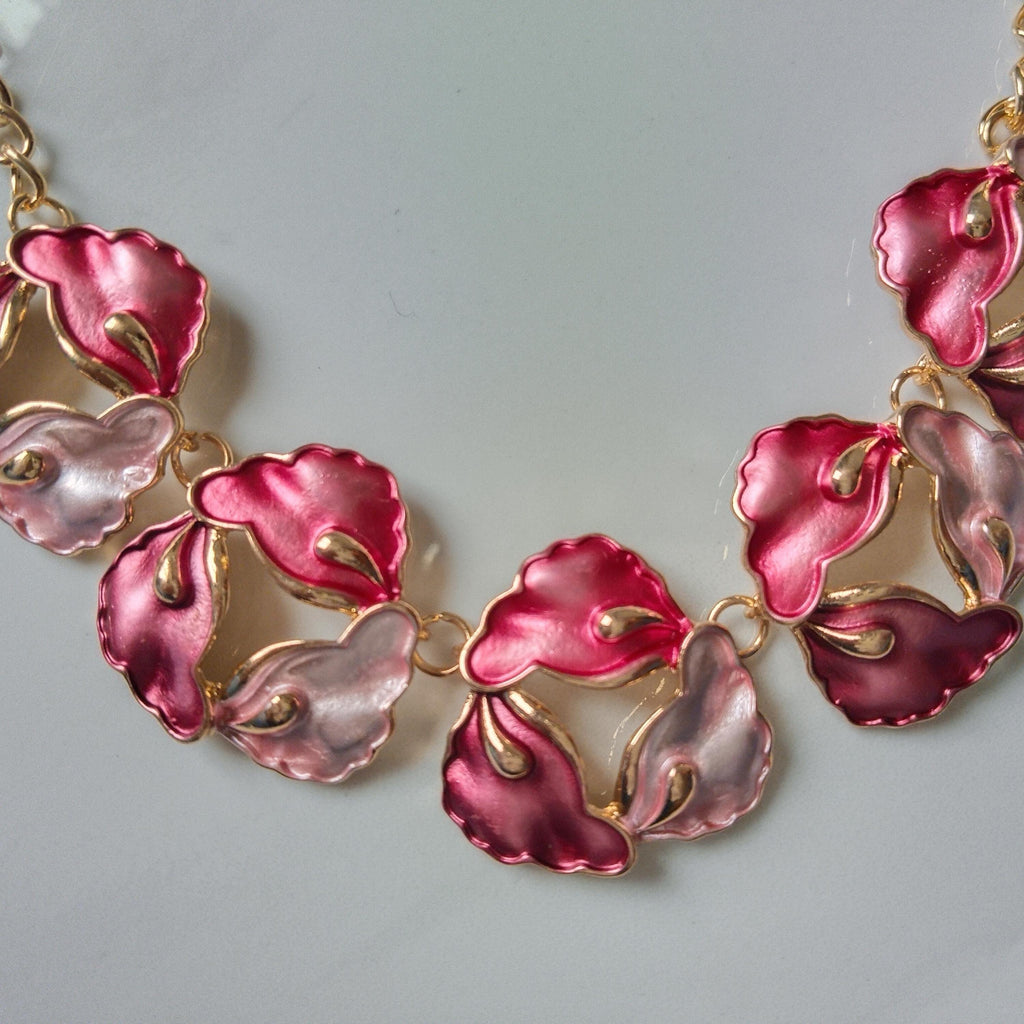 Pink Enamel Flower Necklace Earrings Set, Gold Floral Statement Jewelry