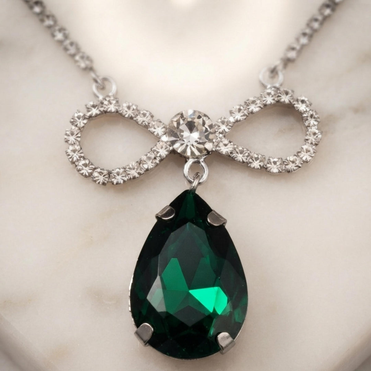 Pear Drop Bow Pendant Necklace | Anti Tarnish Silver-Tone CZ Crystal Necklace