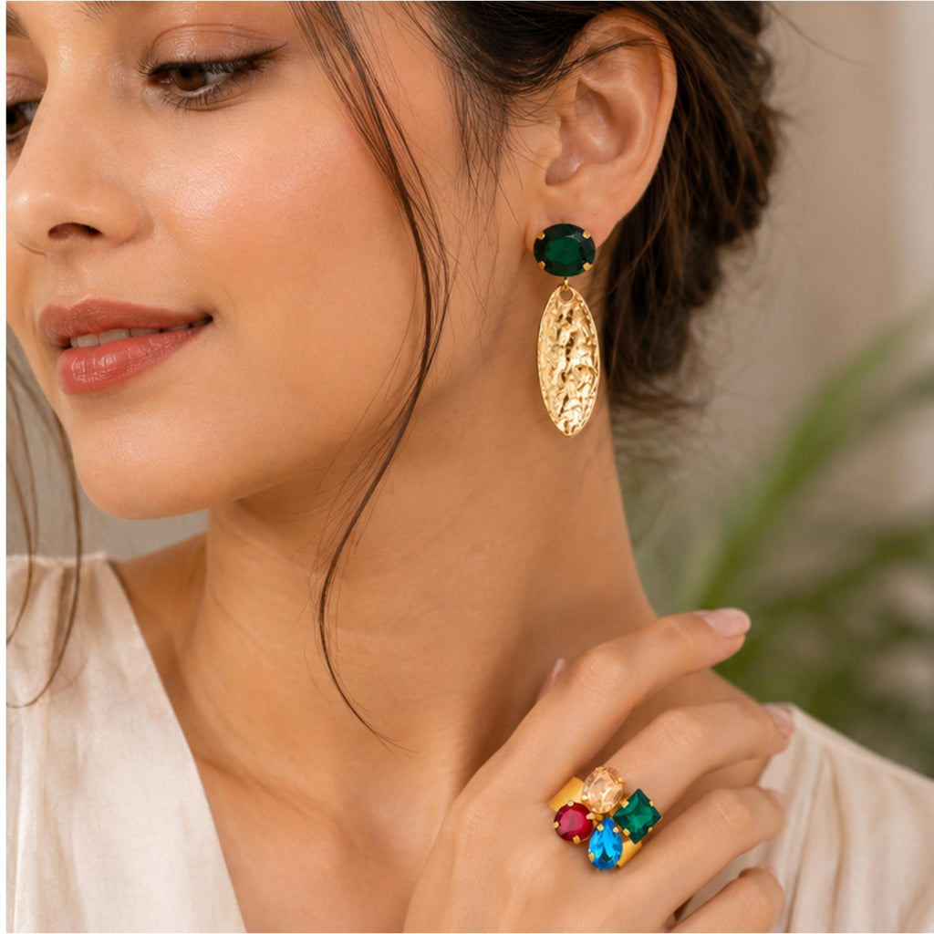 Anti Tarnish Green Statement Drop Earrings With Ring -jewellery for Women