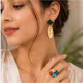 Anti Tarnish Green Statement Drop Earrings With Ring -jewellery for Women