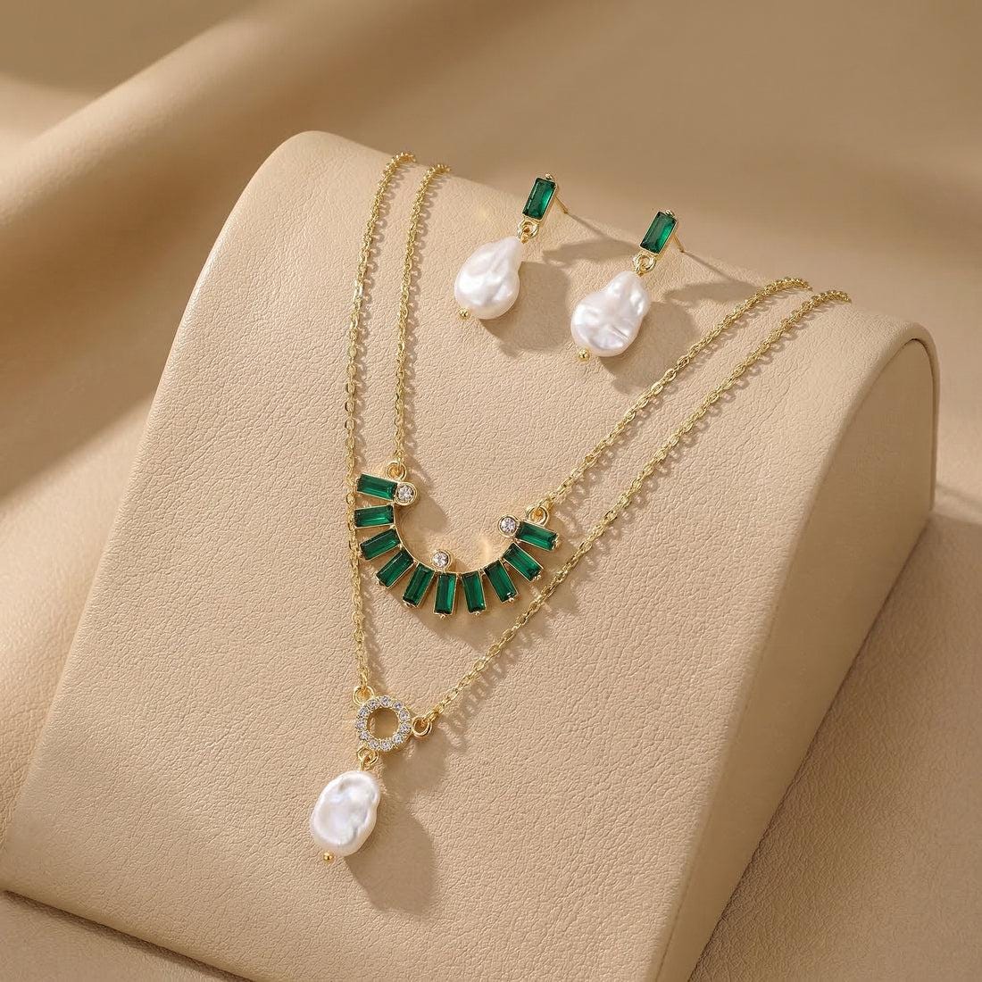 Layered Green Crystal Necklace Set with Baroque Pearl Earrings | Gold Plated Anti-Tarnish Jewelry